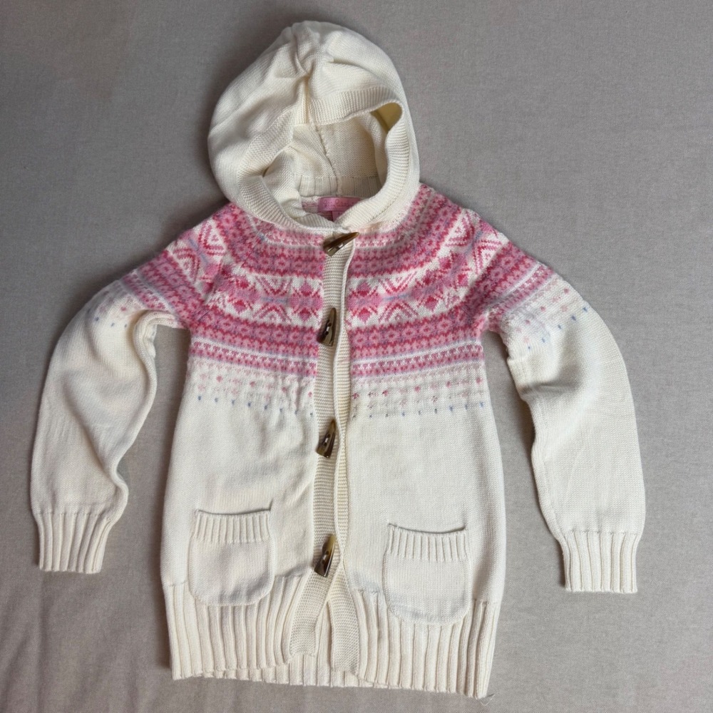 Lilly Pulitzer Girls Pink Fair Isle Toggle Hooded Cardigan Sweater Size 6 Angora